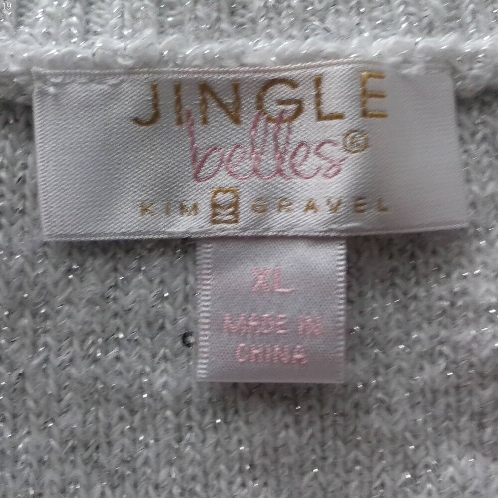 JINGLE BELLES by Kim Gravel Lg Sleeve Scoop Neck Silver Sparkle Cable Sweater XL - Picture 5 of 8